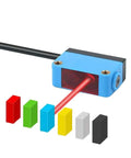 Background Suppression Diffuse Photoelectric Sensor With 10 To 350 Mm Range, 12 To 24 V DC, PNP Output, Color Insensitive Detection, Built For Tough Industrial Use, blue sensor with cable detecting colored blocks