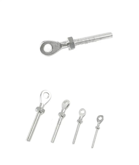 Five Piece Marine Grade 316 Stainless Steel Eye Bolts With Nuts For DIY Rigging Hardware Balustrade Kit M5 M6 M8 M10 Beefy Heavy Duty Fasteners That Tighten Straight No Tools Needed Weatherproof Marine Use, four sizes shown