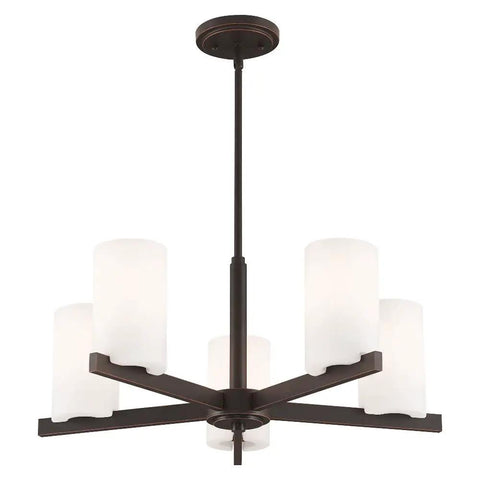 Astoria Chandelier Pendant Light In Sleek Steel showing bronze finish with opal glass shades, modern design for living room