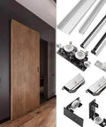 Side view of a single wooden door using a Trackless Sliding Barn Door Kit With Soft Close, Concealed Hardware For 3 To 6 Ft Doors.