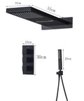 Straight Up Knockout Style Matte Black Rainfall Shower System With Waterfall Body Spray And Thermostatic Mixer Valve dimensions and components.