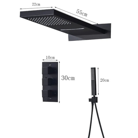 Straight Up Knockout Style Matte Black Rainfall Shower System With Waterfall Body Spray And Thermostatic Mixer Valve dimensions and components.