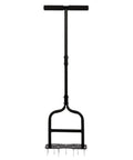 Manual Lawn Aerator With Eleven Iron Spikes for easy soil breakup and coreless aeration, black metal U-frame, standing view.