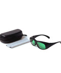 Heavy Duty Laser Protective Glasses Provide Knockout Eye Defense For Red Semiconductor Projects And Nd Yag Workshops With Straight Up Comfort Seal Optical Density Filter, black frame with green lenses, case.