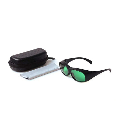 Heavy Duty Laser Protective Glasses Provide Knockout Eye Defense For Red Semiconductor Projects And Nd Yag Workshops With Straight Up Comfort Seal Optical Density Filter, black frame with green lenses, case.