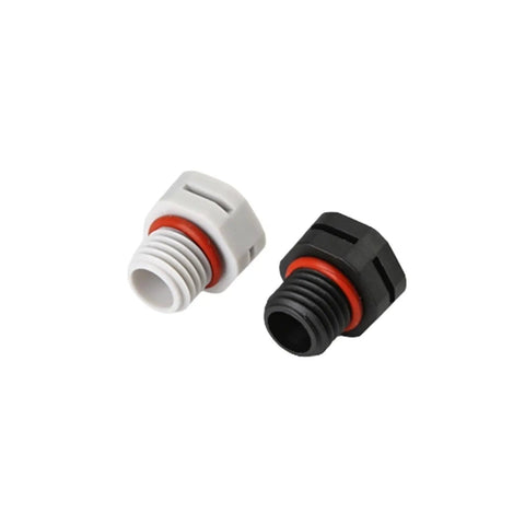 Tough As Nails Heavy Duty Waterproof Nylon Vent Plugs For Machinery And Pipeline Sealing Breathable IP68 Pressure Relief Valve Slick 10 Piece Pack Black M12x15, two vent plugs in black and white.