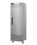 Badass Commercial Single Door Freezer Rock Solid Full Stainless Steel Exterior with black handle and smooth rolling caster wheels.
