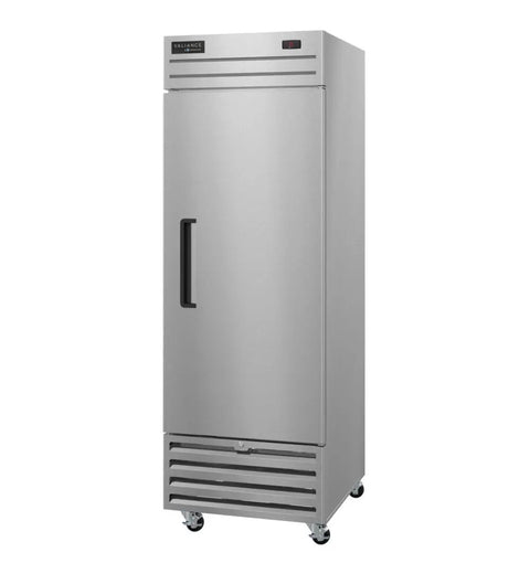Badass Commercial Single Door Freezer Rock Solid Full Stainless Steel Exterior with black handle and smooth rolling caster wheels.