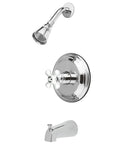 Restoration Tub And Shower Faucet With Porcelain Cross Handle In Polished Chrome, 5 Inch Spout Reach, Wall Mount, Brass Construction