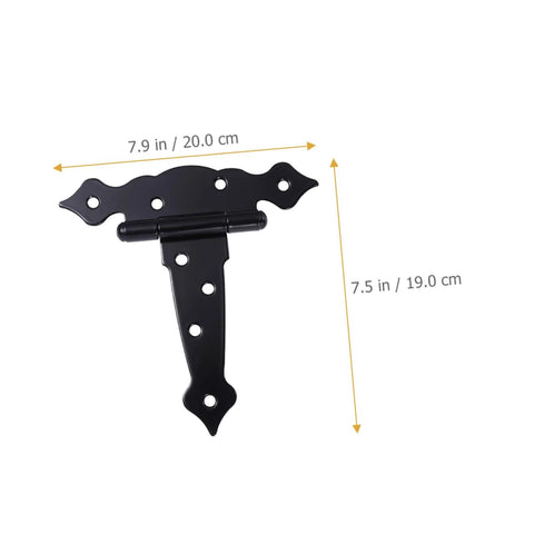 Front view of black wrought-iron strap door hinge with decorative edges; 7.9 in wide by 7.5 in tall for doors/cabinets/sheds.