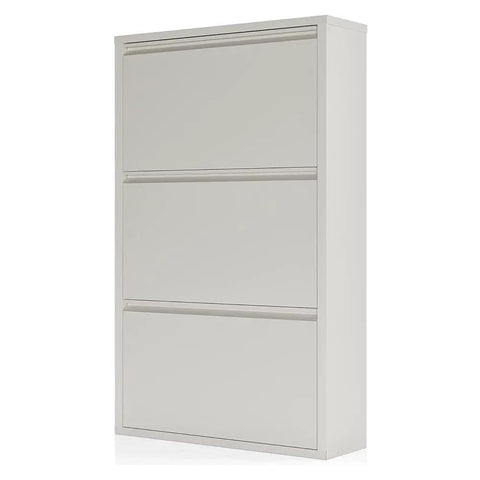 Slim 3 Flip Drawer Shoe Storage Cabinet, Hidden Narrow Wall Mount Metal Shoe Rack For Entryway, White, Space Saving Organizer