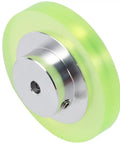200mm Aluminum Polyurethane Industrial Encoder Wheel With 20mm Aluminum Mounting Bracket, silver and green