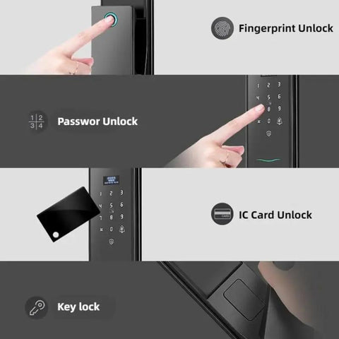 Full Automatic Smart Fingerprint Door Lock With App Remote Unlock Digital Password Zinc Alloy Build showing unlocking options including fingerprint, password, IC card, and key lock.