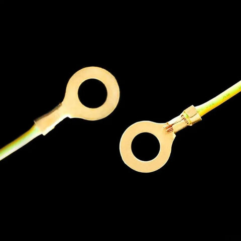 Heavy Duty Brass Insulated Crimp Ring Terminals Spade Connectors 150 Pieces Electrical Wire Connector Kit For Safe And Effective Home Wiring Projects Easy No Solder Setup M3 M6 Sizes A Must Have For Any Electrician Or DIY Guy Looking To Get The Job. Brass crimp ring terminals on insulated wire, shown in two sizes
