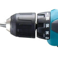 Close-up of the chuck and speed settings on the Compact 12V Cordless Power Drill With Slick Quick Chuck And Two Speed Modes.