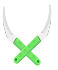 Six Piece Manual Weeder And Grass Clearing Sickle Set With Ergonomic Design, two crossed sickles with green handles