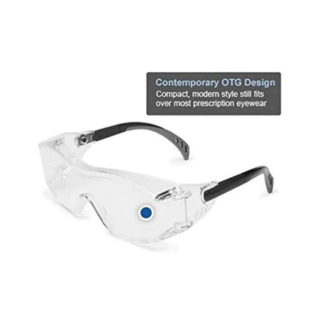 Top Shelf Otag Protective Safety Glasses With Sleek Gray Polycarbonate Lenses And Easy Slide Black Temples Engineered To Fit Over Prescription Frames Scratch Resistant Impact Proof Bulk Carton Of Ten Pairs. Clear OTG design safety glasses with black temples.