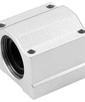 Rugged And Reliable Heavy Duty Smooth Glide Linear Motion Ball Bearing Slide Block Bushing For SCS20UU Linear Shaft CNC and 3D Printer Mods In Clean Silver, shown from side angle.