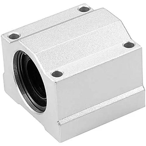 Rugged And Reliable Heavy Duty Smooth Glide Linear Motion Ball Bearing Slide Block Bushing For SCS20UU Linear Shaft CNC and 3D Printer Mods In Clean Silver, shown from side angle.