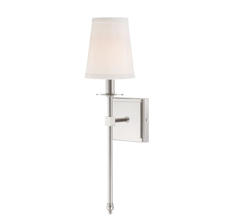 Monroe Bohemian Vintage Soft White Fabric Wall Sconce With 1 Light 60 Watt Bulb, polished nickel finish, front view