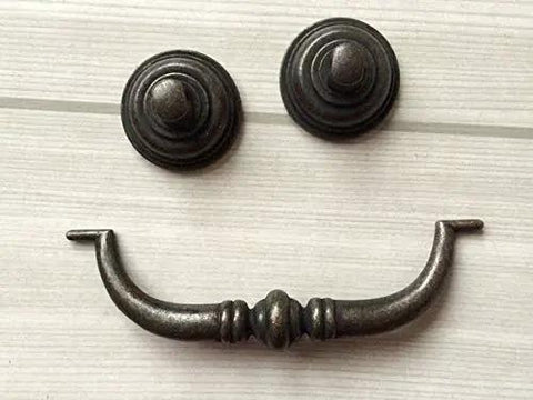 Vintage Look Bail Drawer Pulls Drop Handles 4.25 Inch Center-To-Center Dark Antique Bronze Cabinet Hardware shown on wood surface.