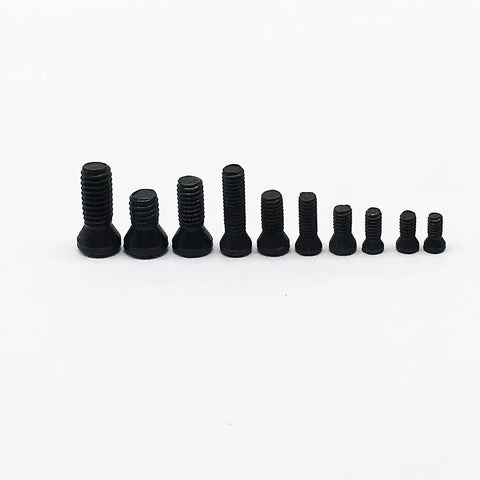 Heavy Duty Alloy Steel Torx Screws Providing Rock Solid Grip And Precision Fitment For Auto Repairs And Industrial Builds That Are Truly Badass And Built To Take A Beating, showing a range of ten black alloy screws in various sizes.
