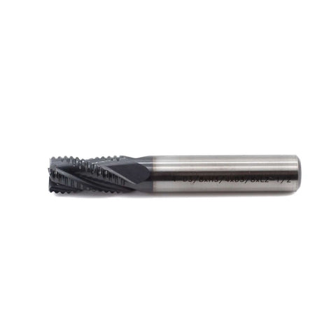 Side view: roughing end mill, HSS square-nose, 4-flute, 3/8 in shank, 3/4 in flute length for milling metal