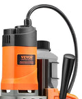 Front view of VEVOR magnetic drill press with orange housing, black motor cover, and attached power cord.