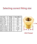 Brass hex bushing reducer, 1/2 NPT female to 3/4 GHT male, garden hose adapter with size chart