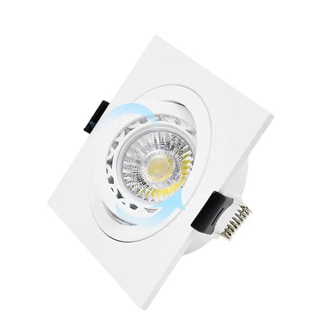 Product image of Two Pack Of Crisp White Square Recessed Lighting Trims With Angled Gu10 Downlight Housing and a snug 3.07 inch ceiling cutout.