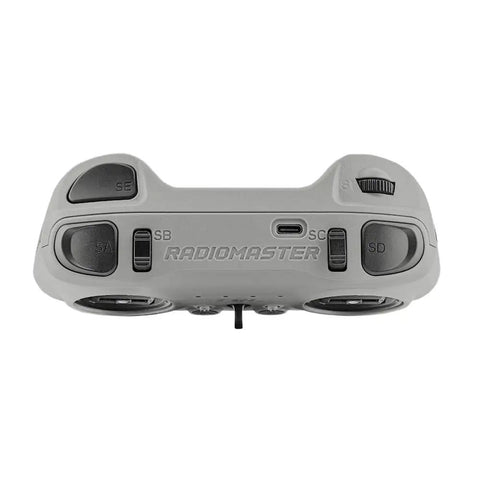 Top view of the T8L ExpressLRS 2.4GHz Hall Gimbal Compact Radio Transmitter for RC Drones Mode 2 with built-in ELRS module, grey color.