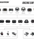 Thrustmaster T300RS GT steering wheel set infographic showing wheel, pedals, and shifters