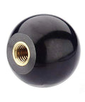 Black phenolic ABS ball knob with brass-coated insert and 3/8-16 female threads; 1-3/8 in diameter