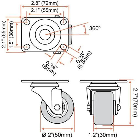 Dimensional diagram of 2 Inch Heavy Duty Polyurethane Caster Wheels With Double Ball Bearing Industrial Grade Solid Low Profile Smooth And Silent 1000 Lb Capacity Pack Of 4 Non Marking Floor Protection For Industrial Carts And Dollies Quiet Operation