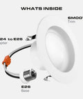 3-Inch LED Recessed Downlight Kit Plug And Play Dimmable And Energy Efficient 7W Equal 75W 560 Lumen E26 Base Color Temp Selectable 2700K-5000K Damp Rated Easy Retrofit Install UL Listed 6 Pack showing smooth trim and adapter