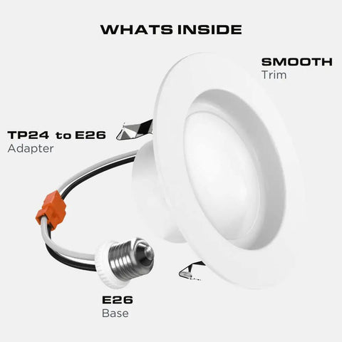 3-Inch LED Recessed Downlight Kit Plug And Play Dimmable And Energy Efficient 7W Equal 75W 560 Lumen E26 Base Color Temp Selectable 2700K-5000K Damp Rated Easy Retrofit Install UL Listed 6 Pack showing smooth trim and adapter