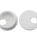 Solid White Desk Grommet Cable Cover Built Dense Abs Plastic For One Point Five Inch Cutouts, showing top and bottom views.