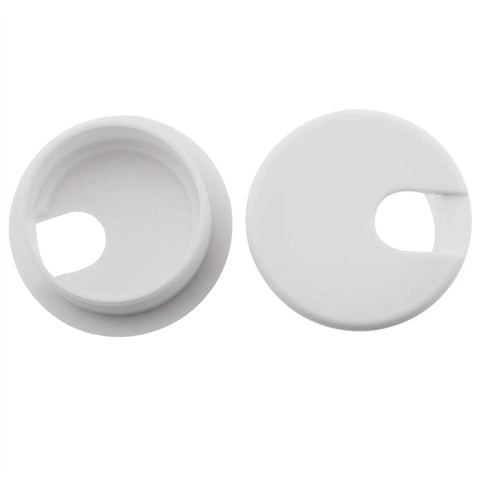 Solid White Desk Grommet Cable Cover Built Dense Abs Plastic For One Point Five Inch Cutouts, showing top and bottom views.