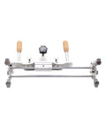 Fast Flip Precision Belt Grinder Jig With Quick Adjust Angle Guide, stainless steel, two handles, top view, knife sharpening rig.