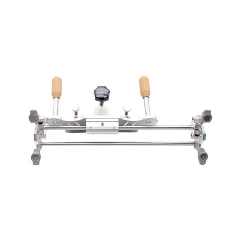 Fast Flip Precision Belt Grinder Jig With Quick Adjust Angle Guide, stainless steel, two handles, top view, knife sharpening rig.
