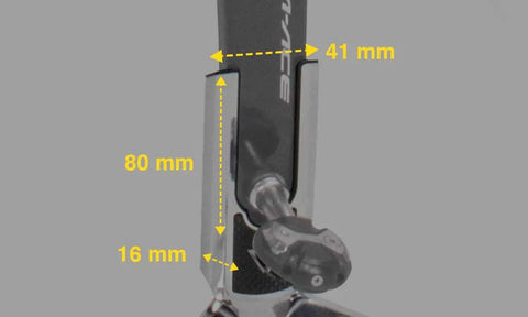 Close-up of FlashStand Slim X Bike Stand dimensions showing compatibility for crankarms ≤41x16x80 mm.