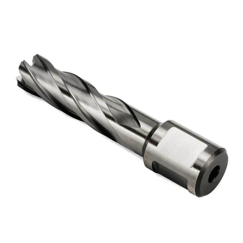 Annular cutter with Weldon shank, 9/16 in diameter, 2 in depth, close-up view