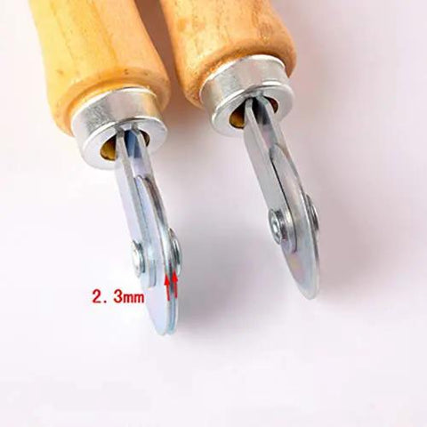 The Pro Grade Manual Double Head Screen Window Roller With Solid Wooden Handle Pressure Wheel Tool, close-up of dual wheels and handle.