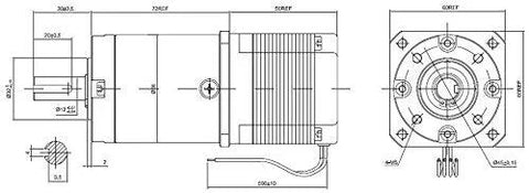 Front and side views of NEMA 23 stepper motor with 47:1 planetary gearbox; technical drawing.