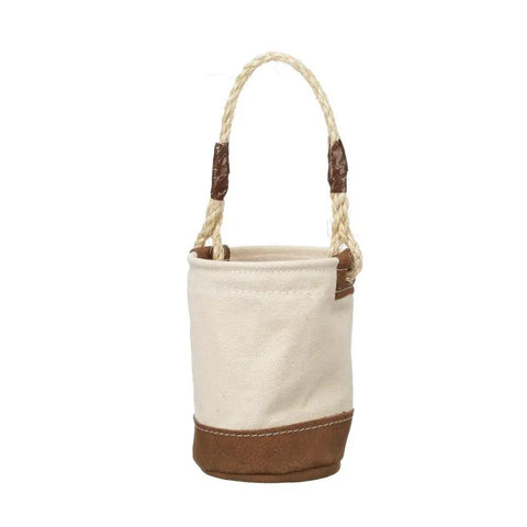 Compact Mini Tool Bucket With Leather Bottom And Reinforced Rope Handle For Small Jobs All Purpose Utility Pouch in canvas and leather