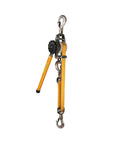 Beefy Web Strap Ratchet Hoist With Non Conductive Dial For Easy Slack Adjustment, 360 Rotating Handle, shown with metal hooks and strap.