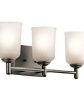 Three Light Vanity Light Fixture With Satin Etched Glass Shades In Olde Bronze, Wall Mount Over Mirror for bathrooms, front view