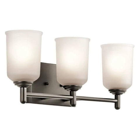 Three Light Vanity Light Fixture With Satin Etched Glass Shades In Olde Bronze, Wall Mount Over Mirror for bathrooms, front view
