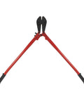 36 Inch Bolt Cutter With Steel Handles, Beefy Vinyl Grips, Flat Grip Ends for 90 Degree Cuts, displayed open on white background.