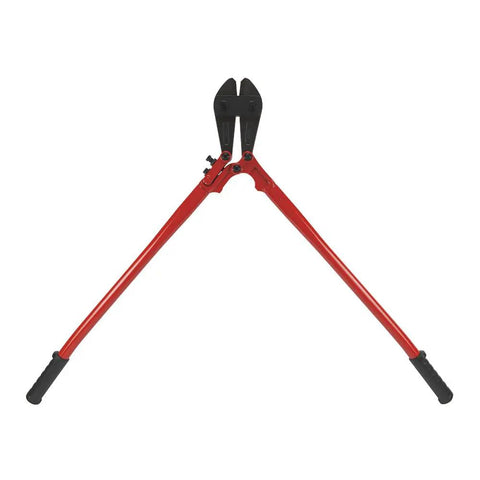 36 Inch Bolt Cutter With Steel Handles, Beefy Vinyl Grips, Flat Grip Ends for 90 Degree Cuts, displayed open on white background.